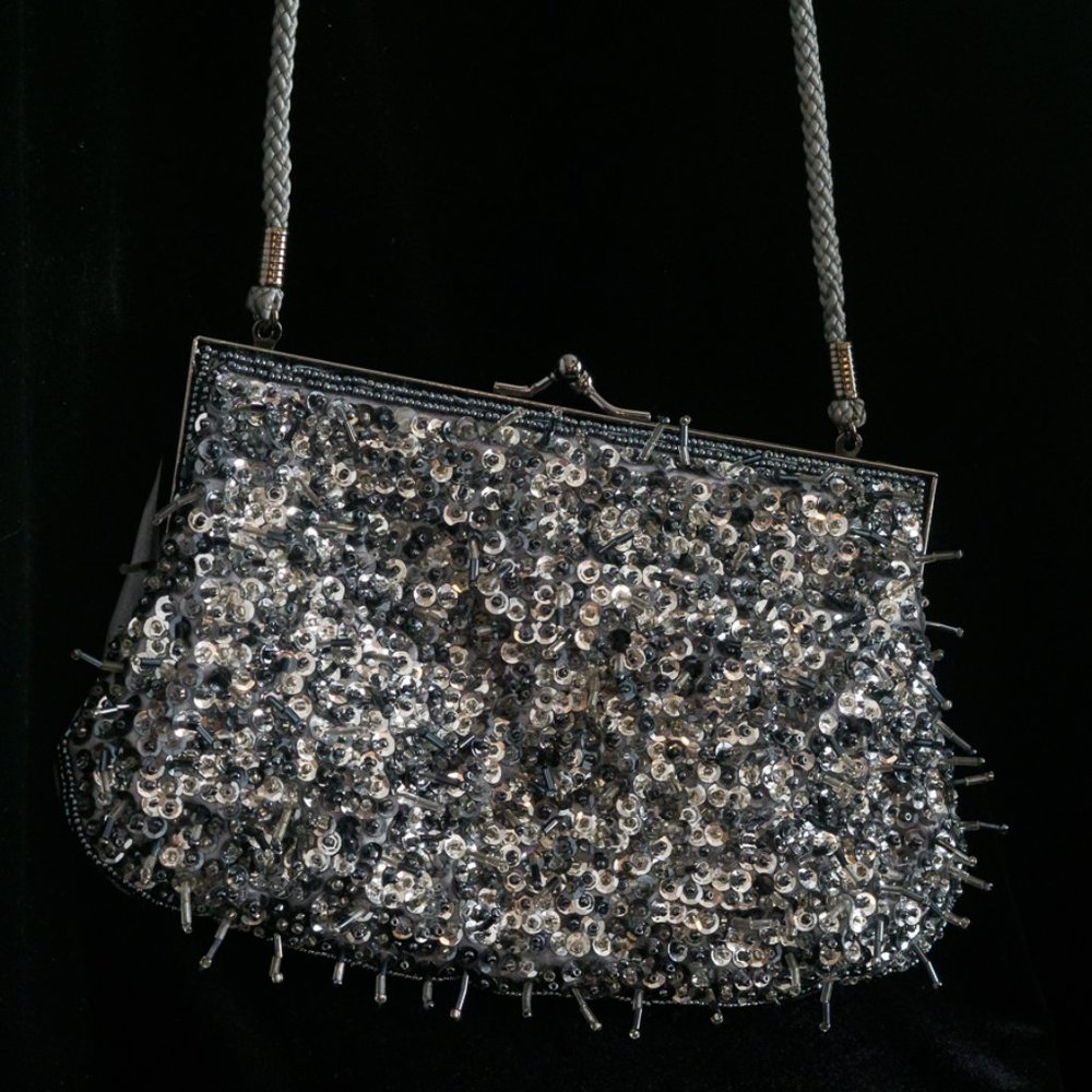 Beaded Silver Gray Satin Evening Bag  EUC